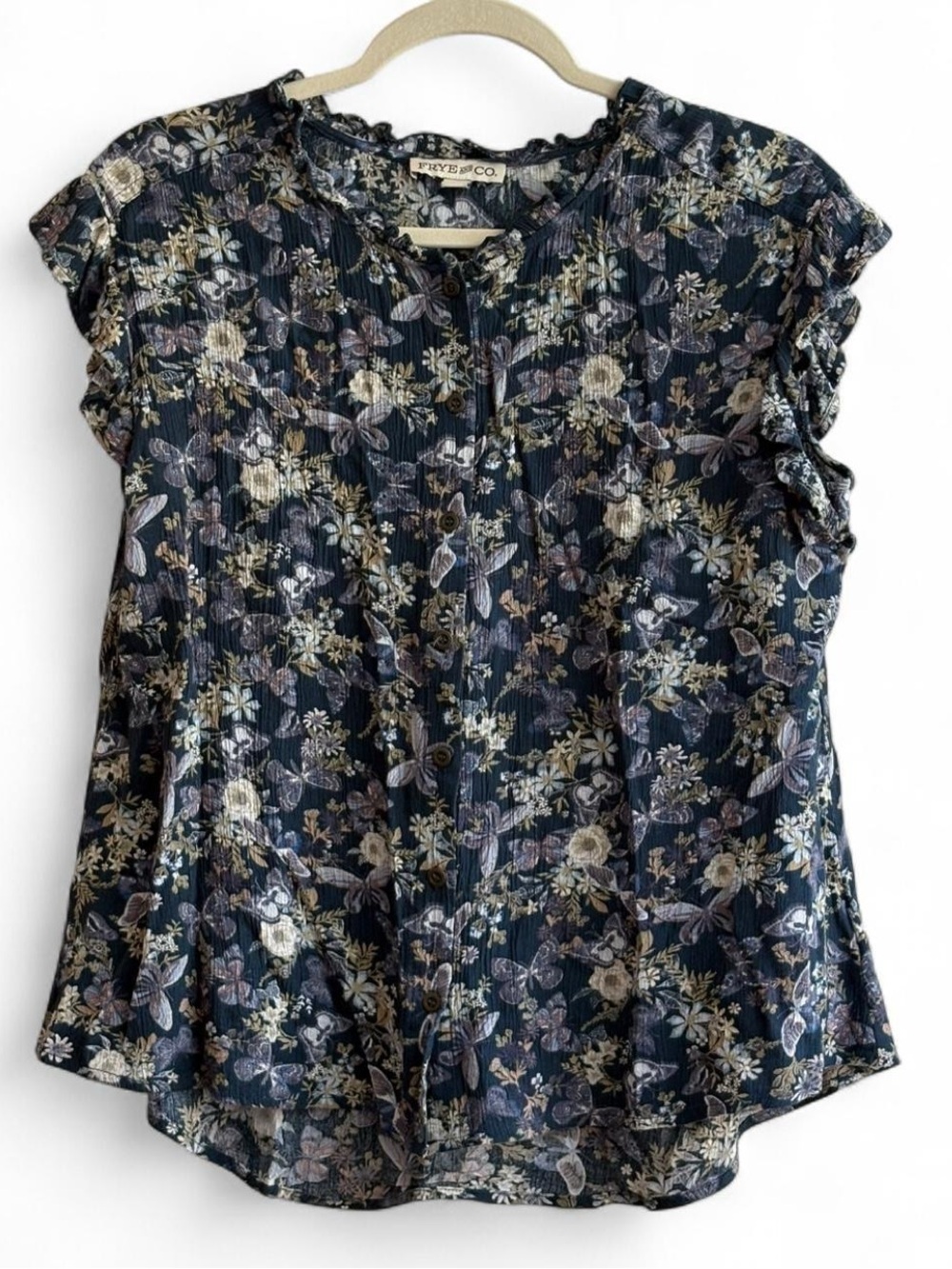 Frye and Co Blue Floral Butterfly Cap Sleeve Blouse Size M